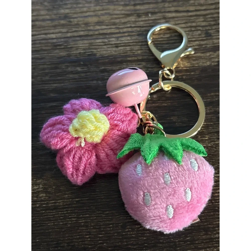 Handmade Pink Strawberry and Flower Plush Keychain with Bell Gold Tone Hardware
